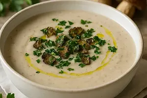 Creamy porcini mushroom soup with parsley chips and truffle oil