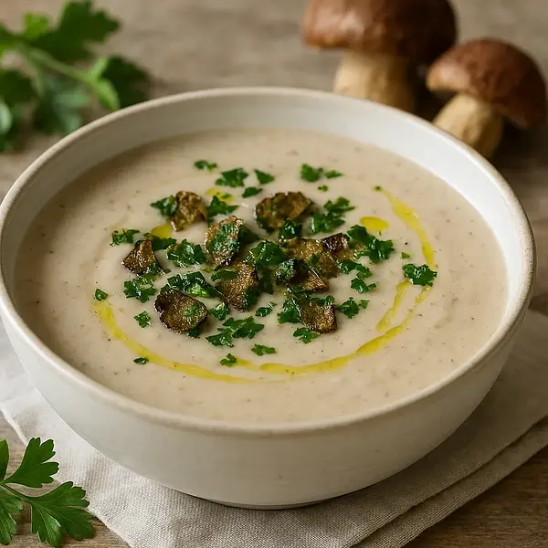 Creamy porcini mushroom soup with parsley chips and truffle oil