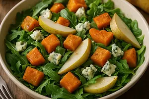 Autumn Salad with Roasted Pumpkin, Pear, and Gorgonzola Cheese