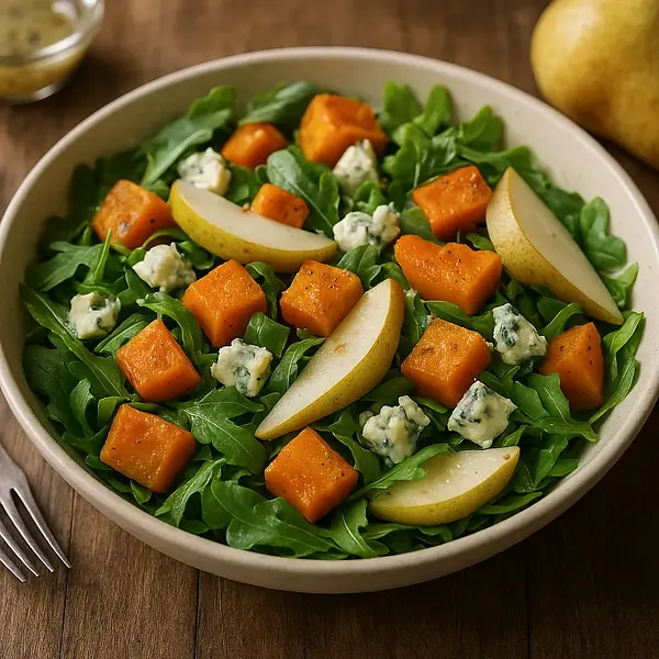Autumn Salad with Roasted Pumpkin, Pear, and Gorgonzola Cheese