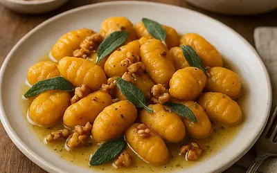 Homemade Pumpkin Gnocchi in Sage Butter Sauce with Walnuts