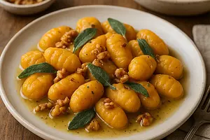 Homemade Pumpkin Gnocchi in Sage Butter Sauce with Walnuts