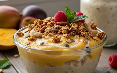 Kremowa Owsianka Nocna 'Sernik Mango-Marakuja' z Granolą Orzechową