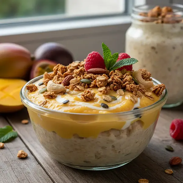 Creamy Overnight Oatmeal 'Mango-Passion Fruit Cheesecake' with Nut Granola