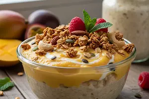 Creamy Overnight Oatmeal 'Mango-Passion Fruit Cheesecake' with Nut Granola