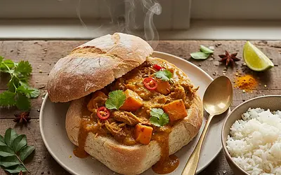 Bunny Chow with Pulled Beef and Sweet Potatoes in Aromatic Curry