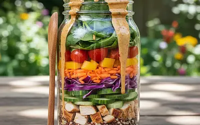 Rainbow Salad in a Jar with Quinoa, Chicken, and Peanut Sauce