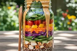 Rainbow Salad in a Jar with Quinoa, Chicken, and Peanut Sauce