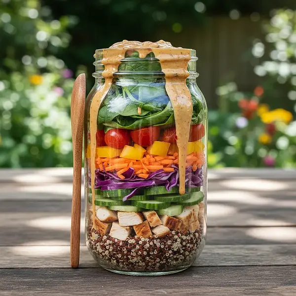 Rainbow Salad in a Jar with Quinoa, Chicken, and Peanut Sauce