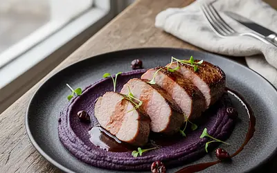 Synestezja Smaków: Polędwiczka Wieprzowa z Purée z Fioletowego Batata i Sosem Kawowo-Wiśniowym