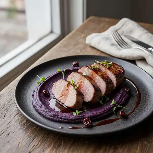 Taste Synesthesia: Pork Tenderloin with Purple Sweet Potato Purée and Coffee-Cherry Sauce