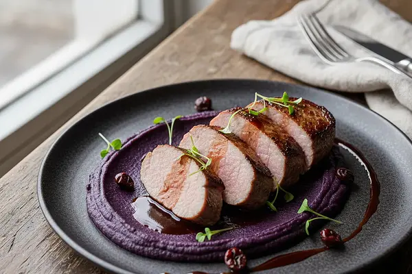 Synestezja Smaków: Polędwiczka Wieprzowa z Purée z Fioletowego Batata i Sosem Kawowo-Wiśniowym