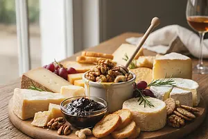 Cheese Board 'Journey through Europe' with Homemade Fig Jam and Nuts in Honey