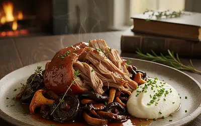 Braised Pork Neck in Non-Alcoholic Dark Beer with Wild Mushrooms and Horseradish Purée