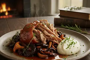 Braised Pork Neck in Non-Alcoholic Dark Beer with Wild Mushrooms and Horseradish Purée
