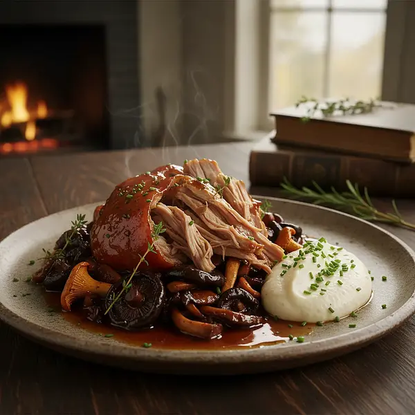 Braised Pork Neck in Non-Alcoholic Dark Beer with Wild Mushrooms and Horseradish Purée