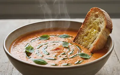 Velvety cream of roasted peppers and tomatoes with an artistic swirl of basil oil