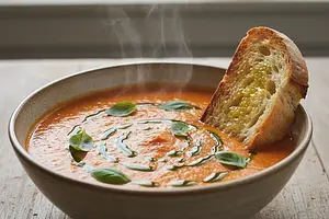 Velvety cream of roasted peppers and tomatoes with an artistic swirl of basil oil
