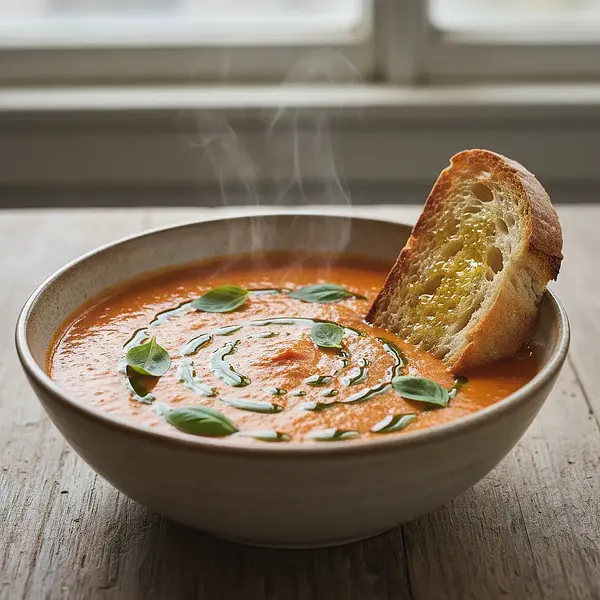 Velvety cream of roasted peppers and tomatoes with an artistic swirl of basil oil