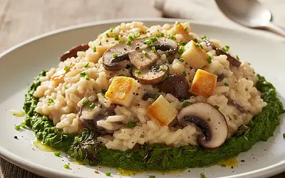 Kaszotto z Kurkami i Wędzonym Twarogiem na Musie z Pieczonej Pietruszki