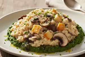 Kaszotto with Chanterelles and Smoked Cottage Cheese on a Roasted Parsnip Purée