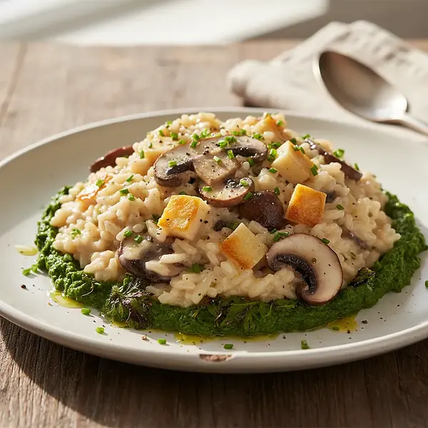 Kaszotto z Kurkami i Wędzonym Twarogiem na Musie z Pieczonej Pietruszki