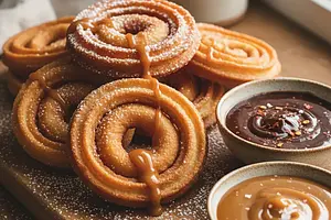 Homemade Churros with Chili Chocolate Sauce and Salted Caramel