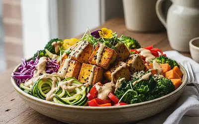 Rainbow Power Bowl with Turmeric Tofu and Adaptogenic Tahini Sauce