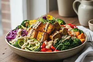 Rainbow Power Bowl with Turmeric Tofu and Adaptogenic Tahini Sauce