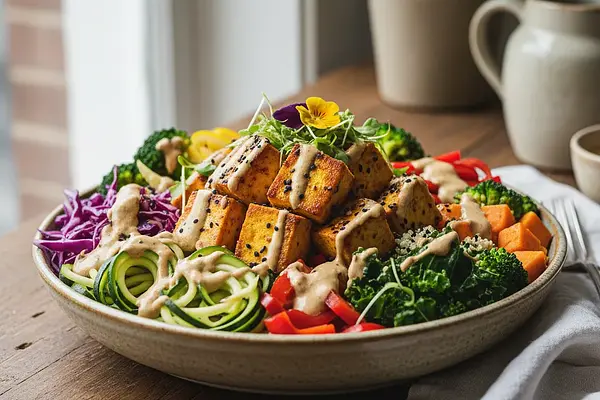 Tęczowa Miska Mocy z Kurkumowym Tofu i Adaptogennym Sosem Tahini