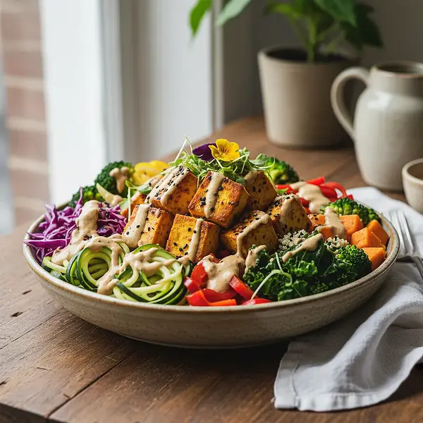 Rainbow Power Bowl with Turmeric Tofu and Adaptogenic Tahini Sauce