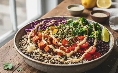 Rainbow Power Bowl with Quinoa and Tahini-Citrus Sauce
