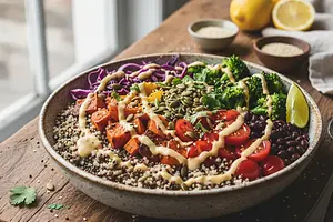 Rainbow Power Bowl with Quinoa and Tahini-Citrus Sauce