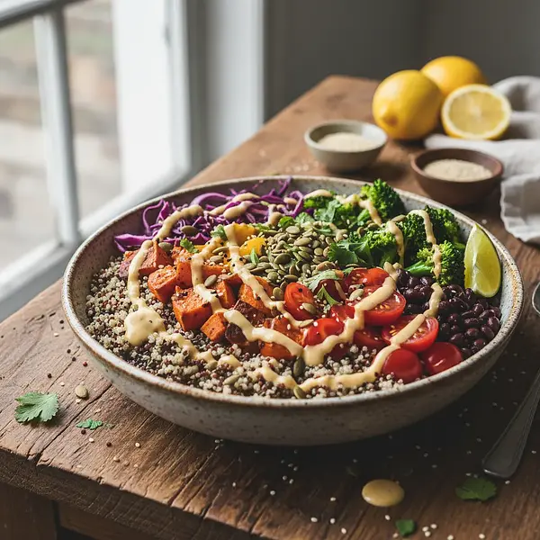 Rainbow Power Bowl with Quinoa and Tahini-Citrus Sauce