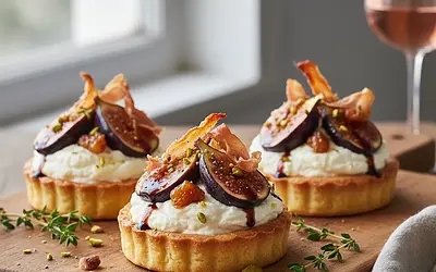 Tartlets with Goat Cheese Mousse, Caramelized Fig, and Crispy Prosciutto