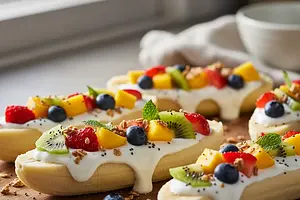 Banana Boats with Yogurt Filling and Fruits