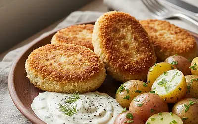 Golden Egg Cutlets with Horseradish Sauce and Young Potatoes