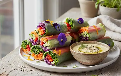 Rainbow Rice Paper Rolls with Sunflower Sauce