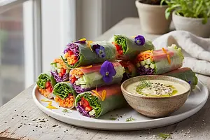 Rainbow Rice Paper Rolls with Sunflower Sauce