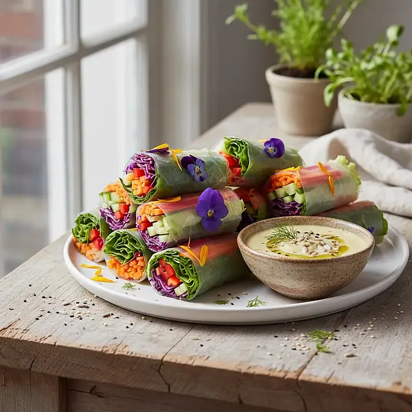 Rainbow Rice Paper Rolls with Sunflower Sauce