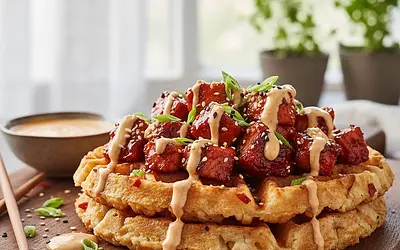 Spicy Rice Waffles with Gochujang Chicken and Creamy Sesame Sauce