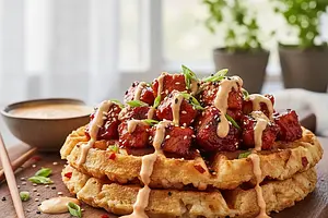 Spicy Rice Waffles with Gochujang Chicken and Creamy Sesame Sauce