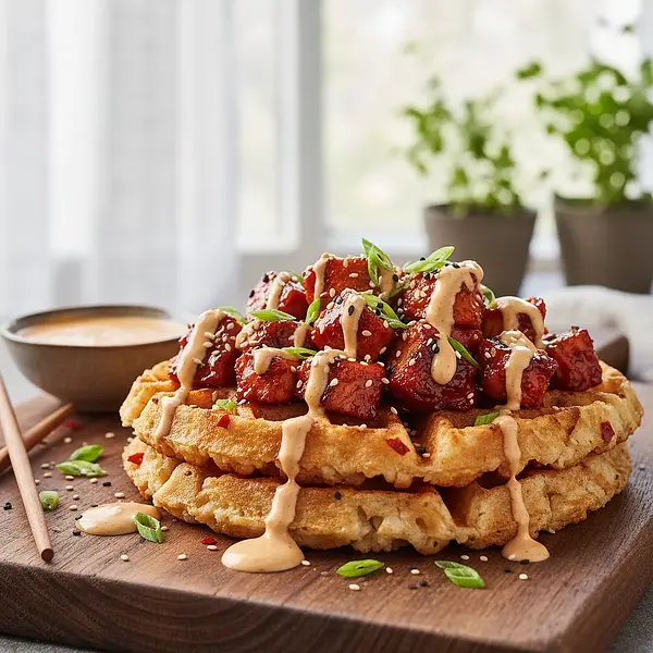 Spicy Rice Waffles with Gochujang Chicken and Creamy Sesame Sauce