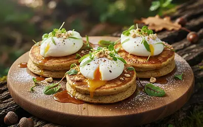 Forest Nests with Poached Egg on Acorn Flour Pancakes