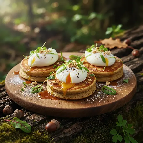 Forest Nests with Poached Egg on Acorn Flour Pancakes