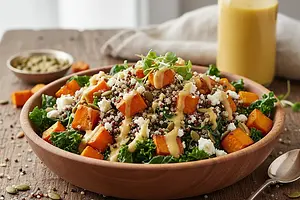 Power Salad with Roasted Sweet Potato, Quinoa, and Golden Dressing