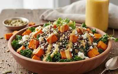 Power Salad with Roasted Sweet Potato, Quinoa, and Golden Dressing