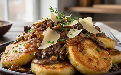 Łódź Prażoki with Caramelized Onions, Smoked Cheese, and Mushroom Sauce with Porter Beer