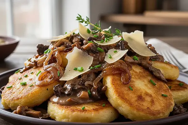 Łódzkie Prażoki z Karmelizowaną Cebulą, Wędzonym Twarogiem i Sosem Grzybowym na Piwie Porter