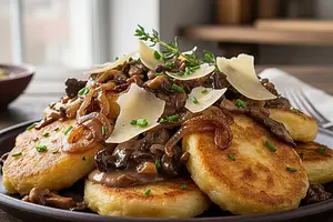 Łódzkie Prażoki z Karmelizowaną Cebulą, Wędzonym Twarogiem i Sosem Grzybowym na Piwie Porter